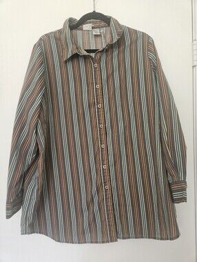 Roaman's Vintage 70s Boho Striped Long Sleeve Button Down Blouse Shirt L